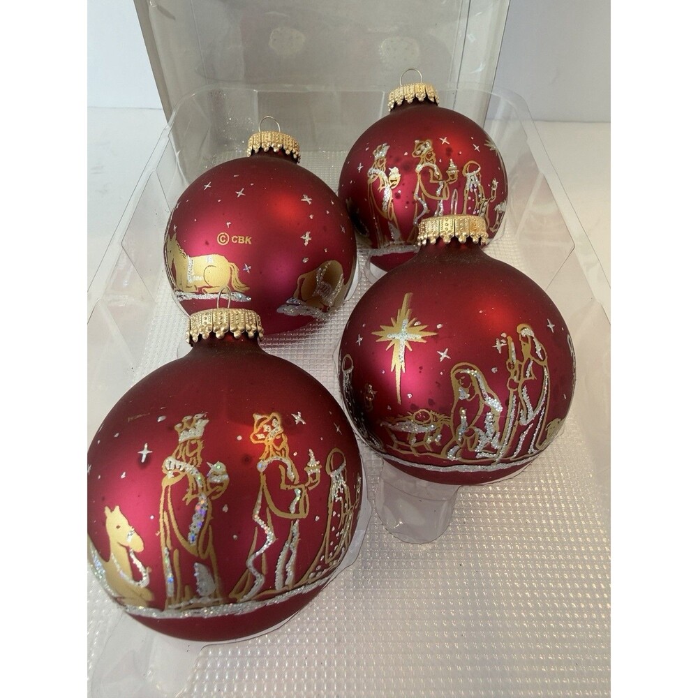 Vintage Nativity Wise Men Jesus Mary Bethlehem Red Glass Christmas Ornaments USA
